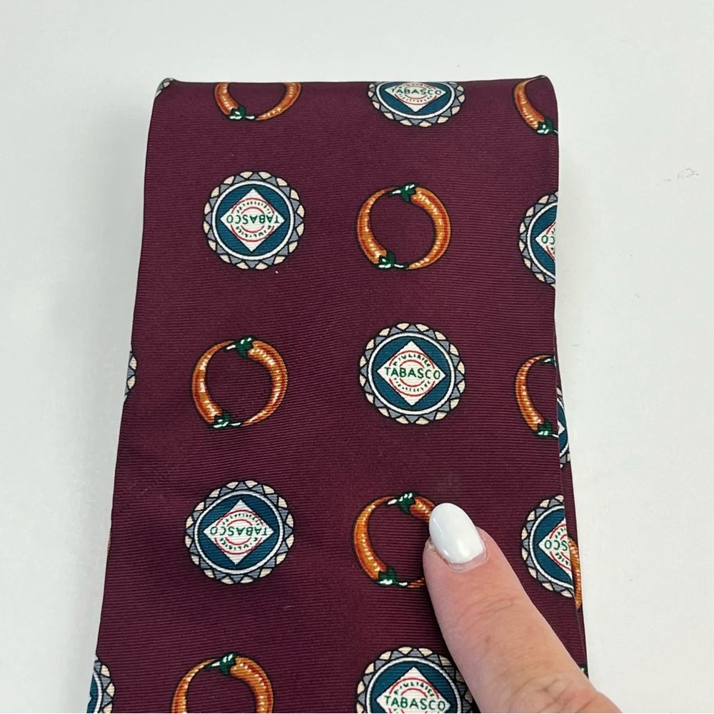 Tabasco Burgundy Red Novelty Patterned Tie 100% Silk USA Peppers Vintage *FLAWED