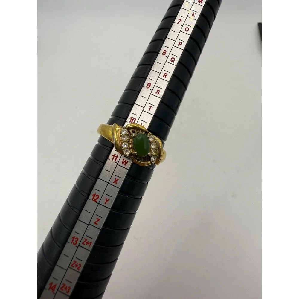 Vintage Green Cabochon Statement Ring Gold Tone Rhinestone Accent Mid Century‎