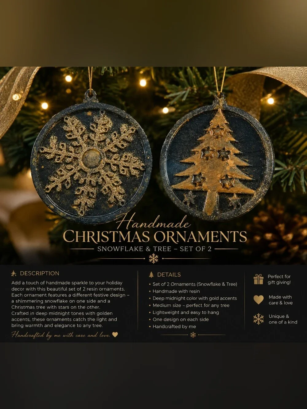 Handmade Christmas Ornaments Set - Gold & Black Snowflake and Tree