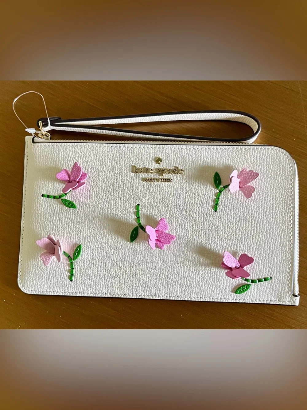 kate spade White Floral Appliqué Wristlet with Pink Flowers