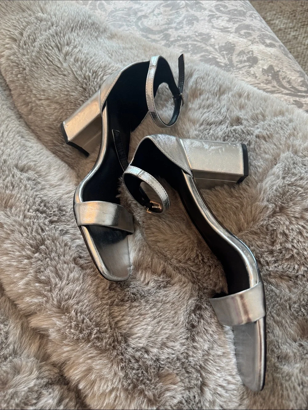 Metallic Silver Block Heel Sandals with Ankle Strap