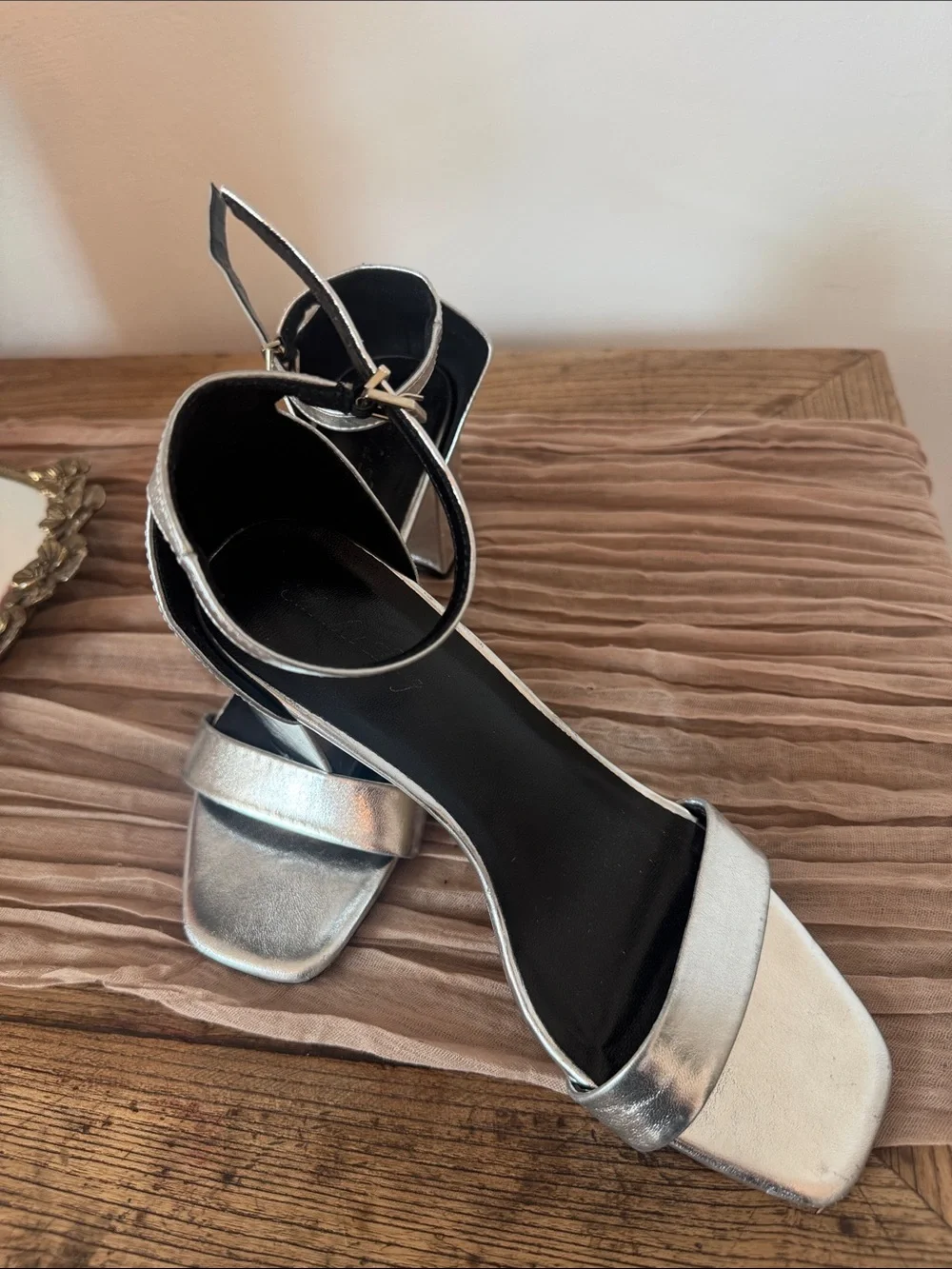Metallic Silver Block Heel Sandals with Ankle Strap