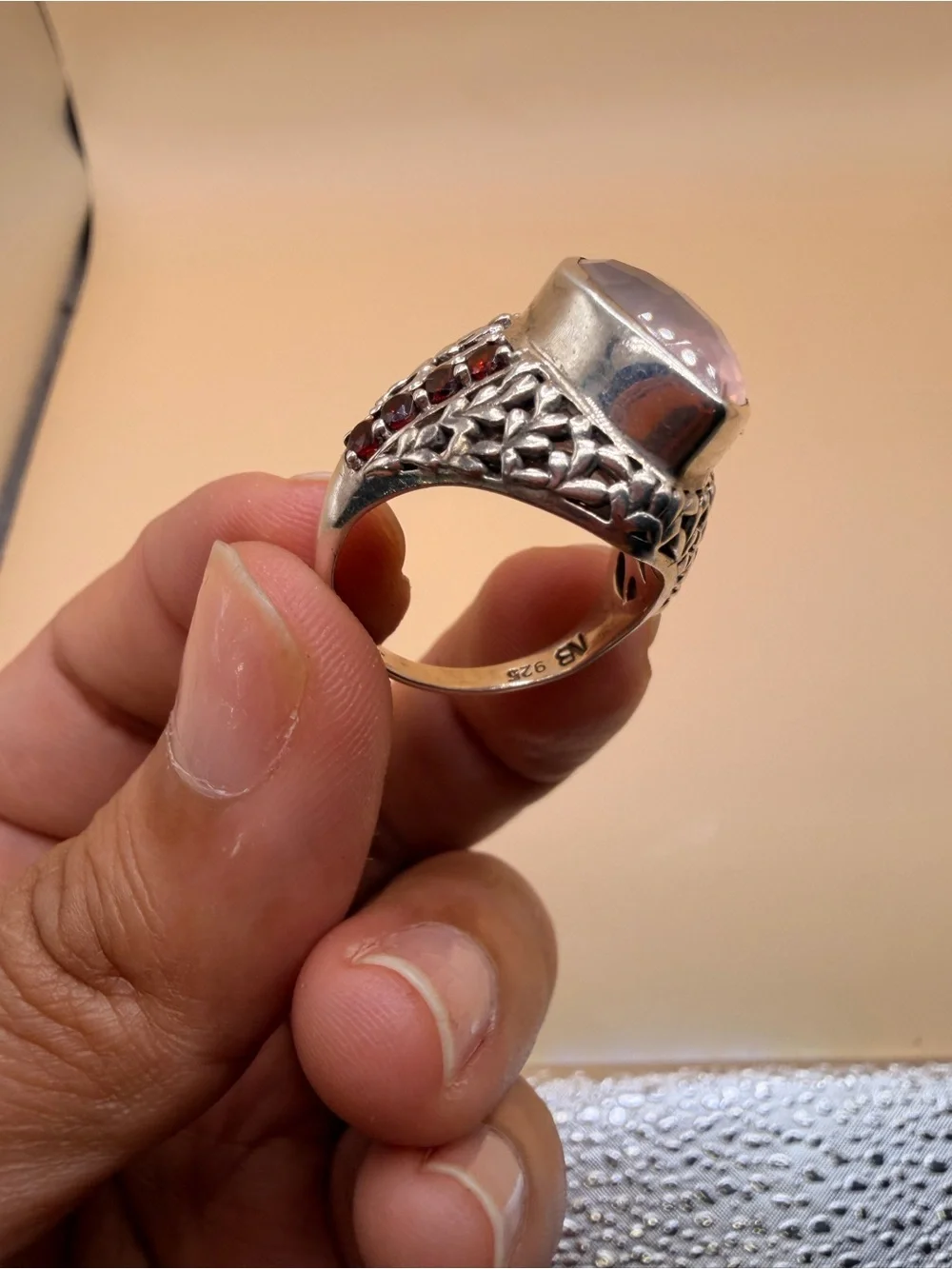 925 Sterling Silver Rose Quartz & Garnet Ring Size 9.