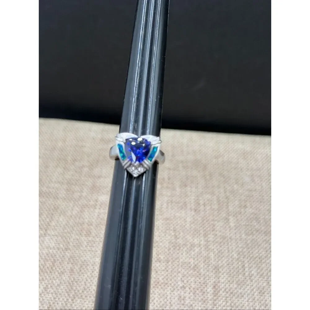 Sterling Silver 925 Blue Heart Ring w/ Lab Opal Inlay & CZ Accents – Size 7