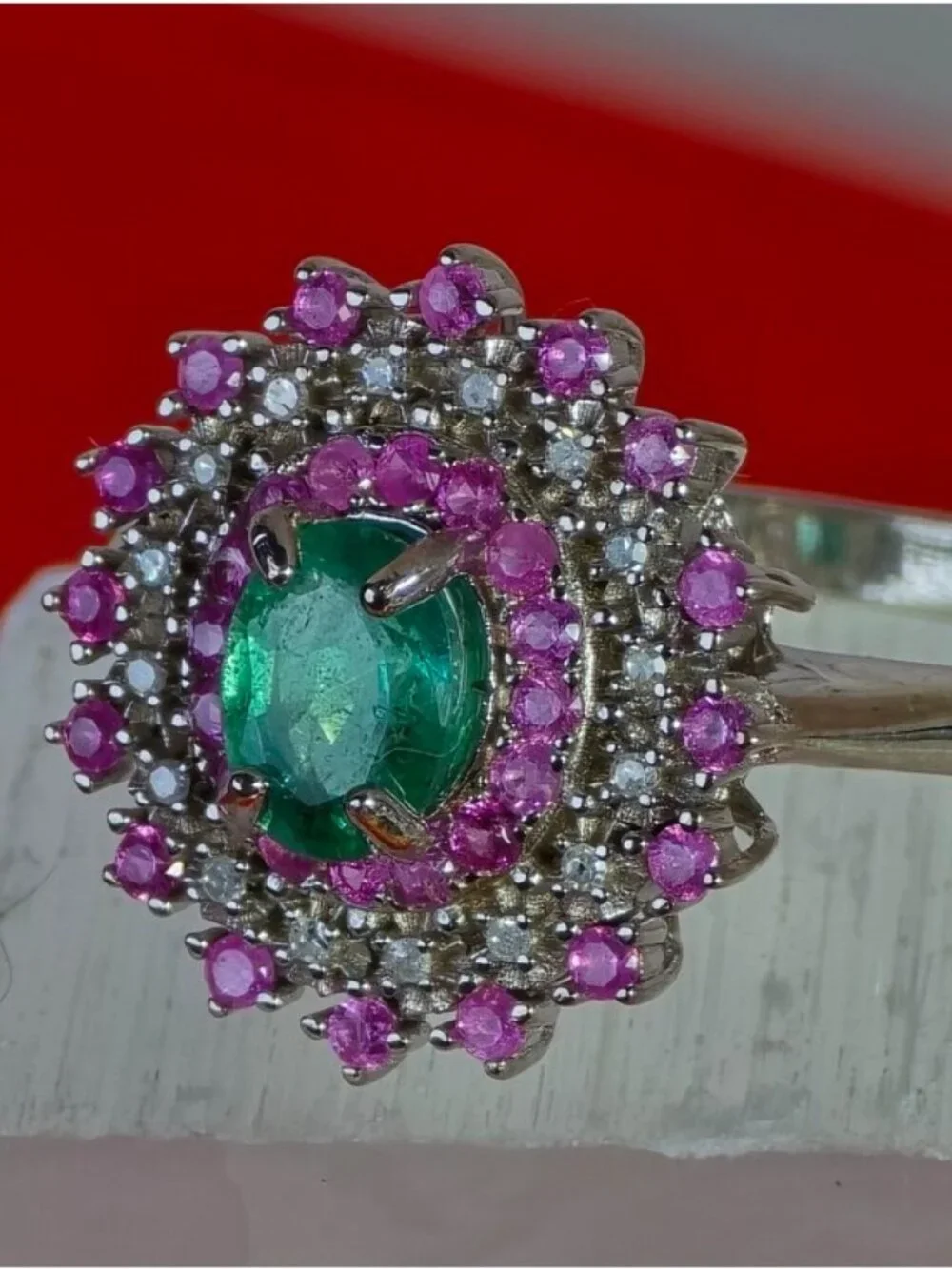 925 Sterling Silver Ring 7.5 with Natural Emerald Sapphires & Diamonds