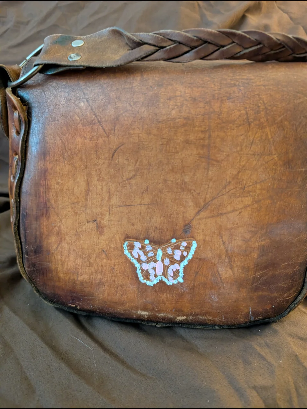 Vintage 1970s Brown Floral Hand-Painted Leather Bag