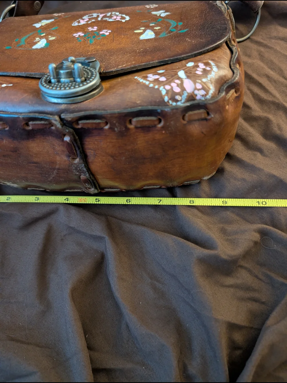 Vintage 1970s Brown Floral Hand-Painted Leather Bag