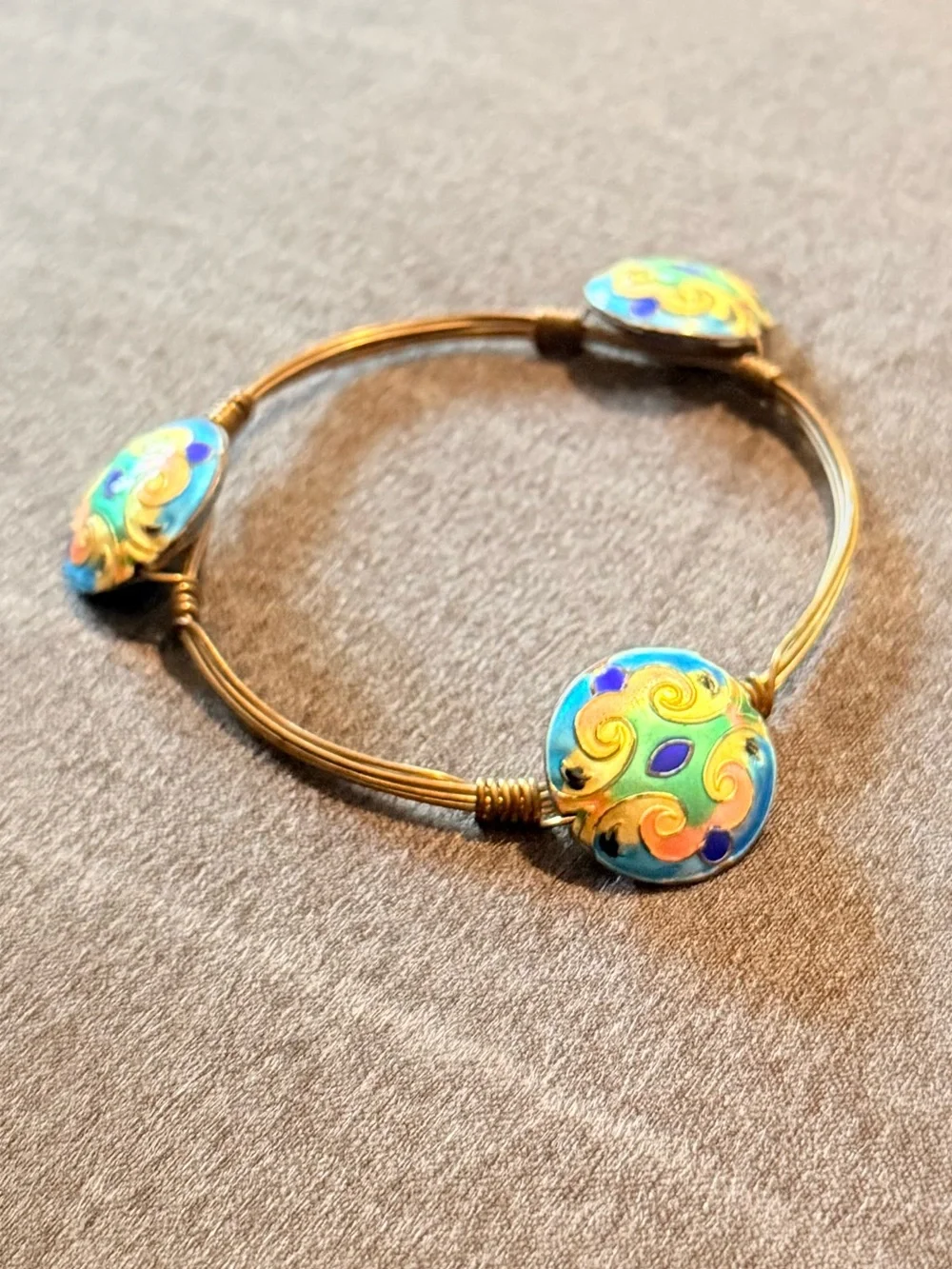 NWT Vibrant Handmade Cloisonné Accent Bronze Wrapped Wire Bangle Bracelet