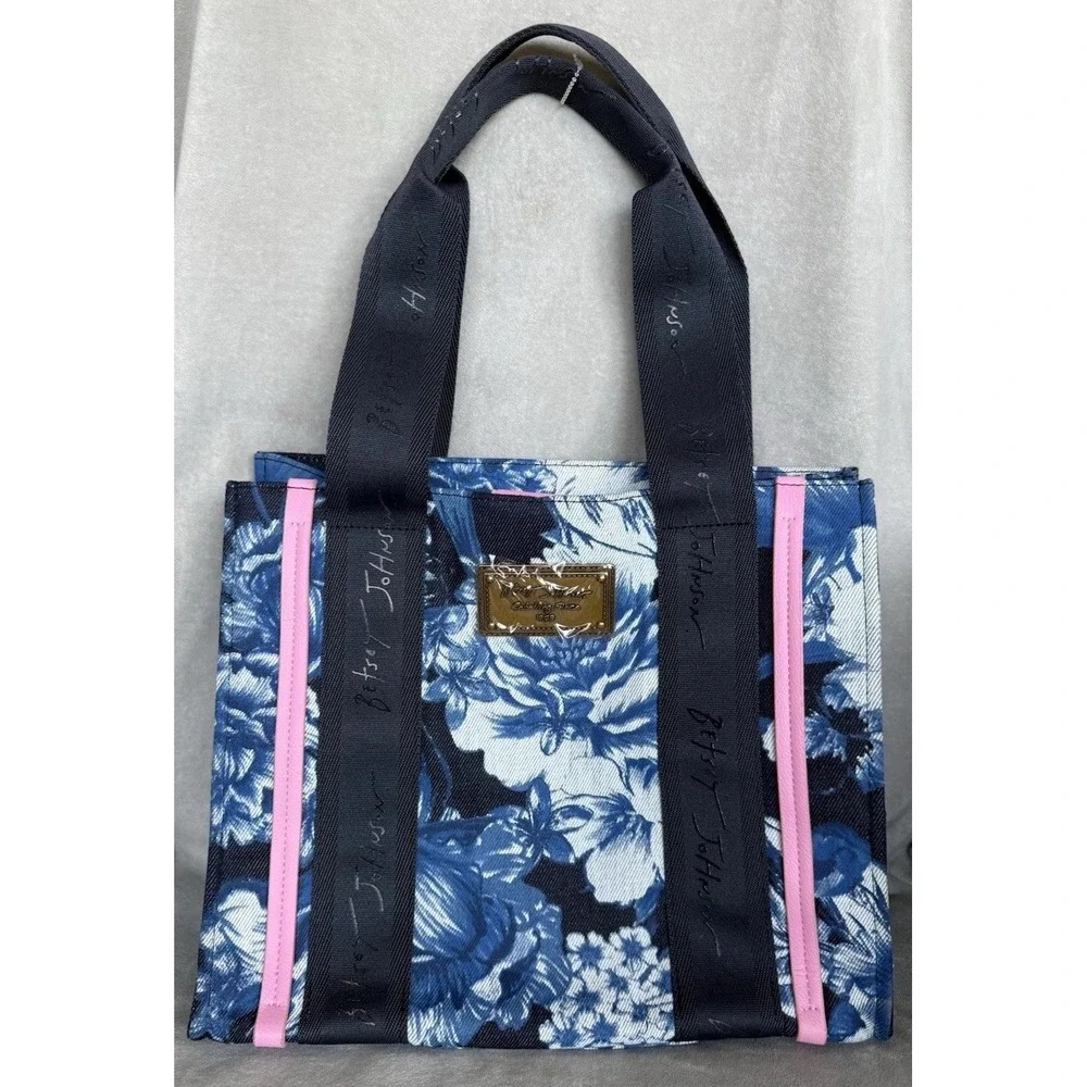 Betsey Johnson Denim Bag Tote Blue Floral Embroidered Handbag Satchel Crossbody