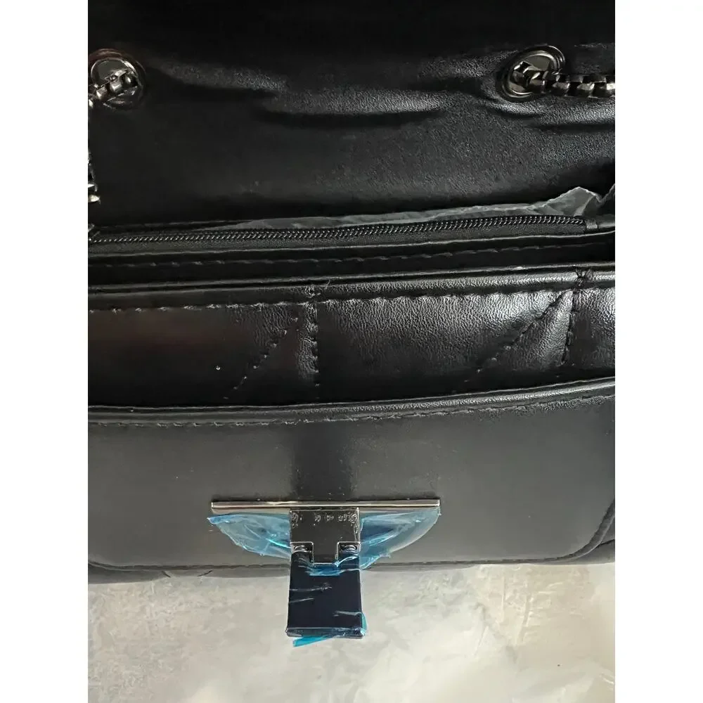 New Black Quilted Faux Leather Chain Crossbody Purse Geometric Lock Shoulder