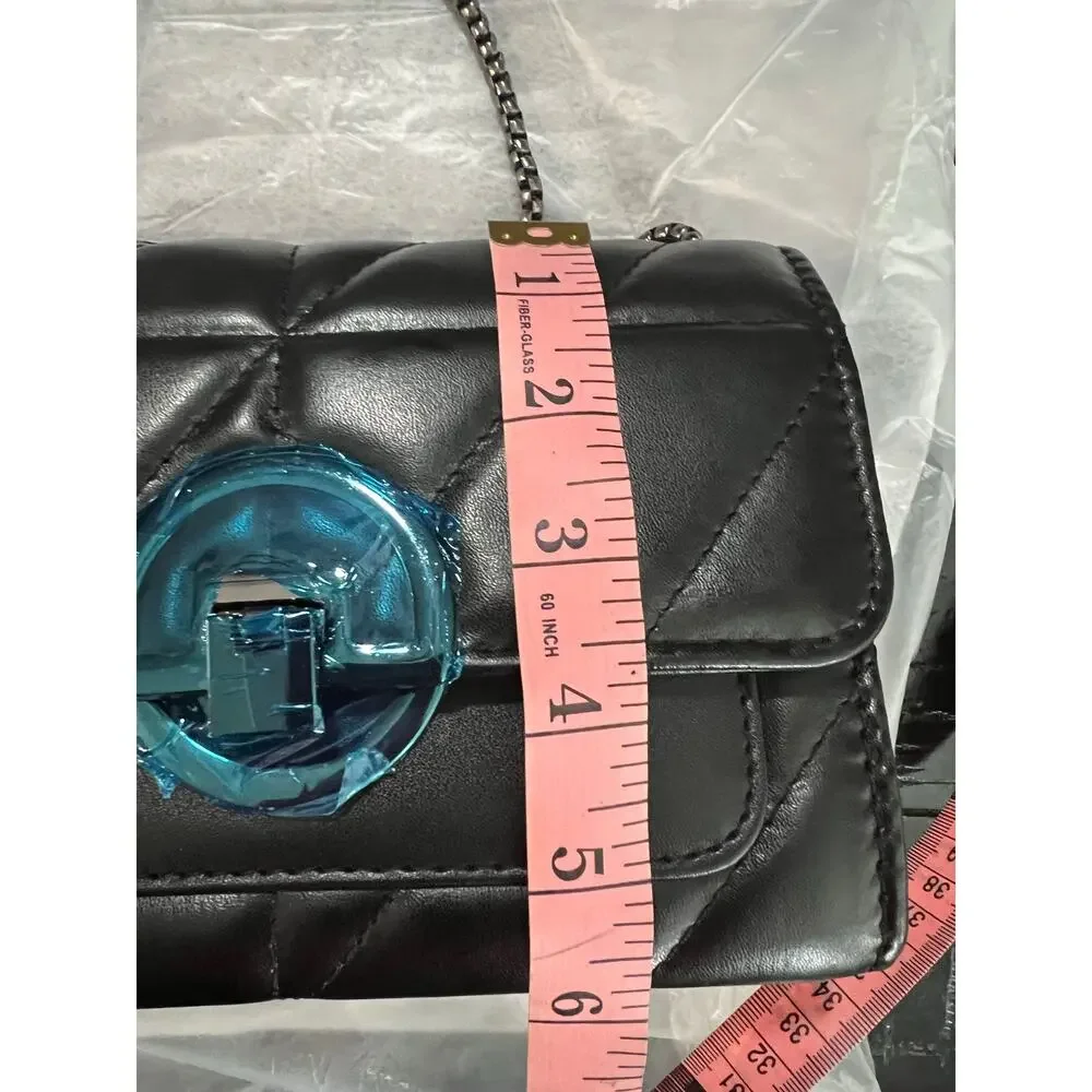 New Black Quilted Faux Leather Chain Crossbody Purse Geometric Lock Shoulder