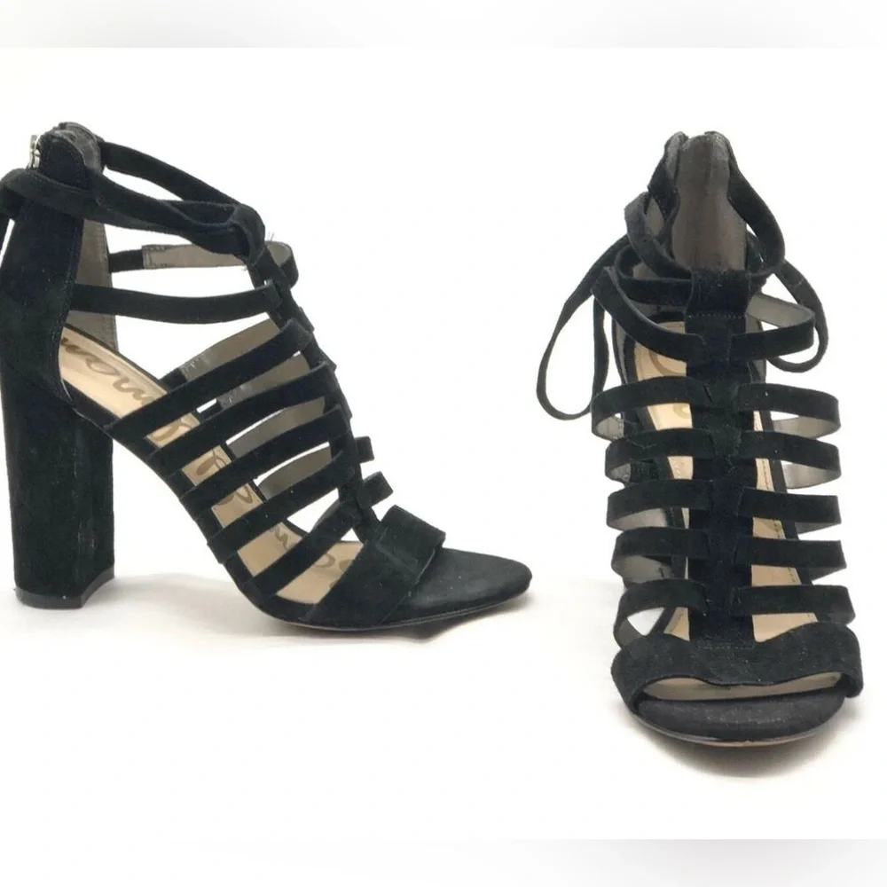 Sam Edelman Yarina Black Strappy 4” Chunky Heel‎ Leather Sandals Women’s 7.5 EUC