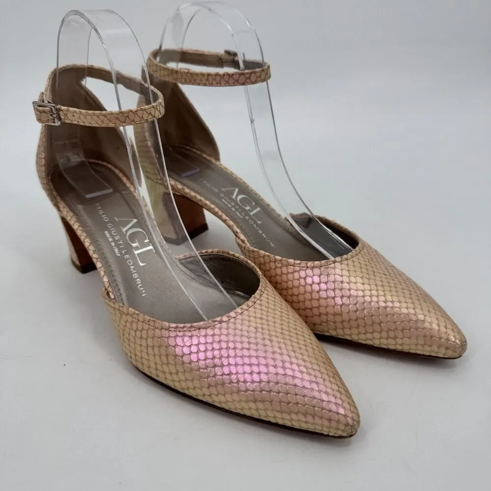 AGL D'Orsay Pink Pearlescent Snakeskin Ankle Strap Chunk Heels Size 9 US 39 EUR