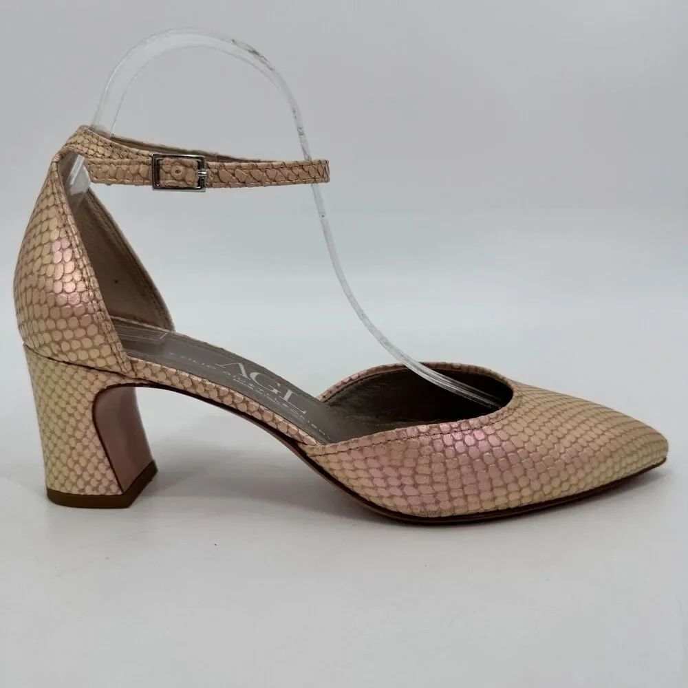 AGL D'Orsay Pink Pearlescent Snakeskin Ankle Strap Chunk Heels Size 9 US 39 EUR