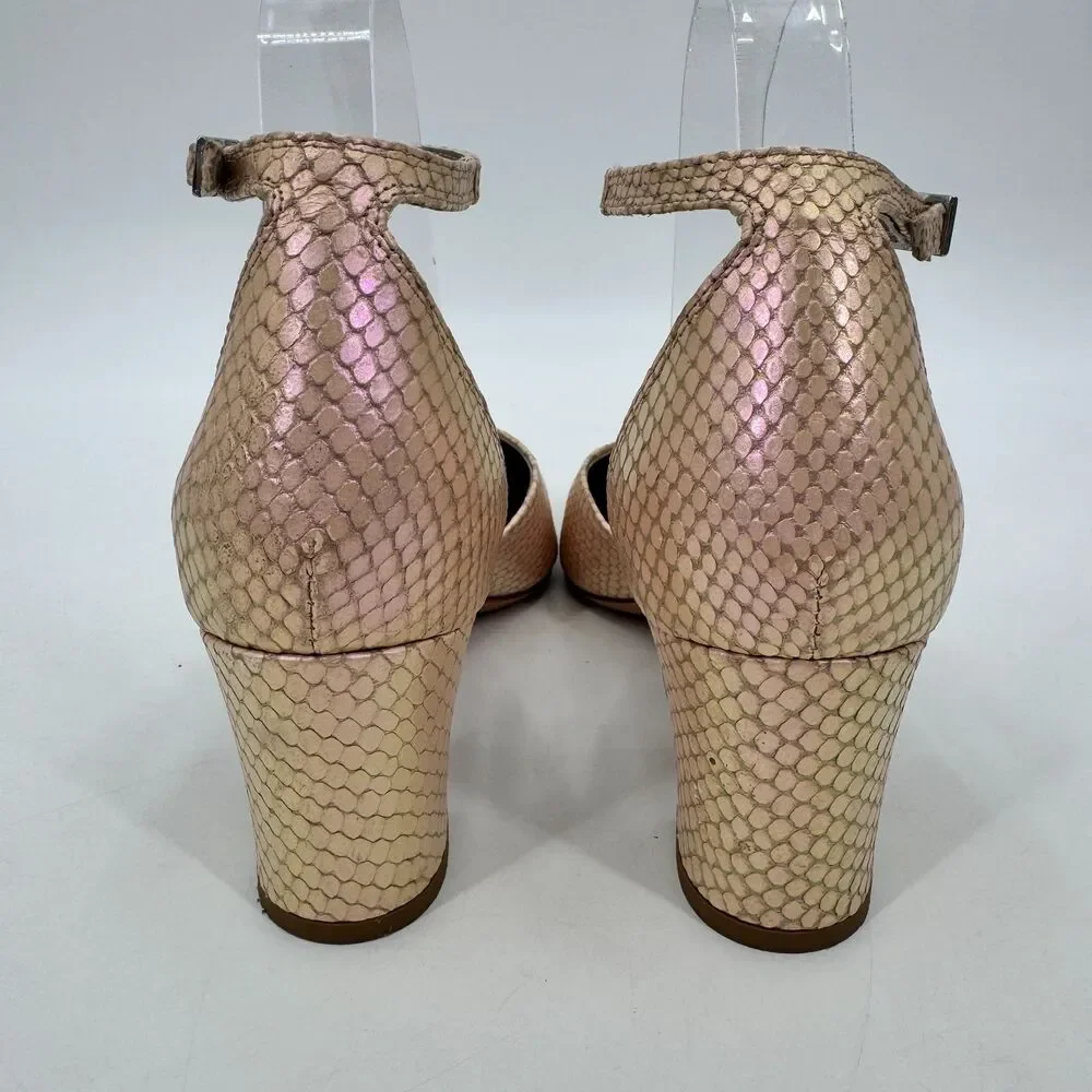AGL D'Orsay Pink Pearlescent Snakeskin Ankle Strap Chunk Heels Size 9 US 39 EUR