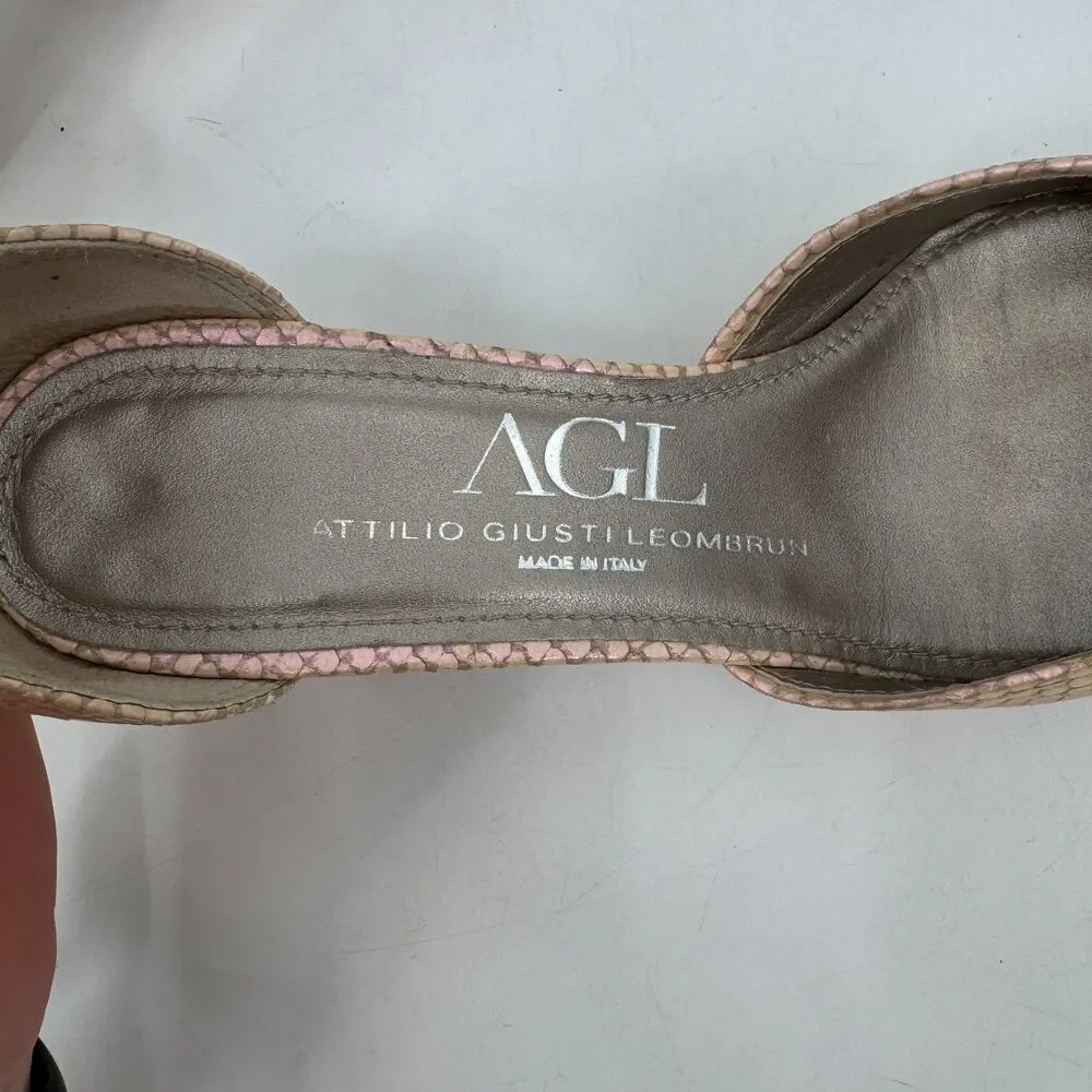 AGL D'Orsay Pink Pearlescent Snakeskin Ankle Strap Chunk Heels Size 9 US 39 EUR