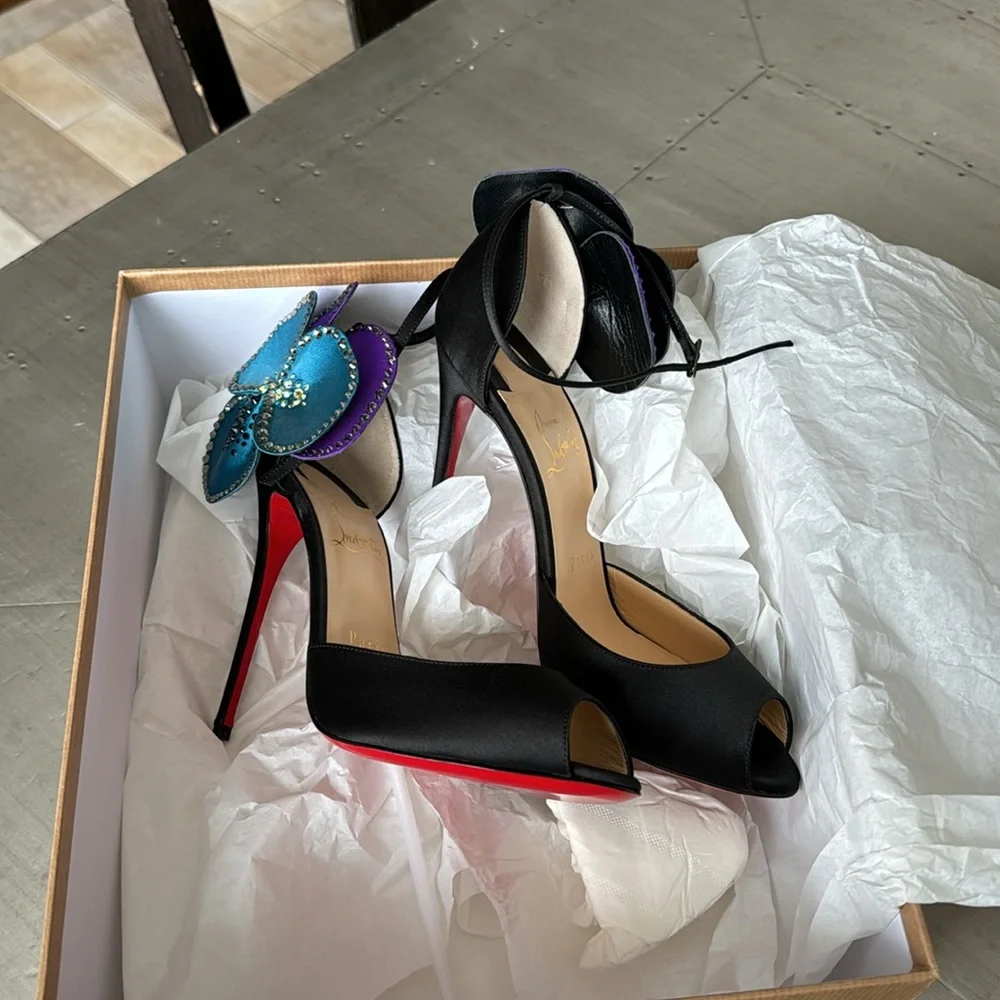 Christian Louboutin pensamoi black satin crystal peep toe stiletto RARE sz 38