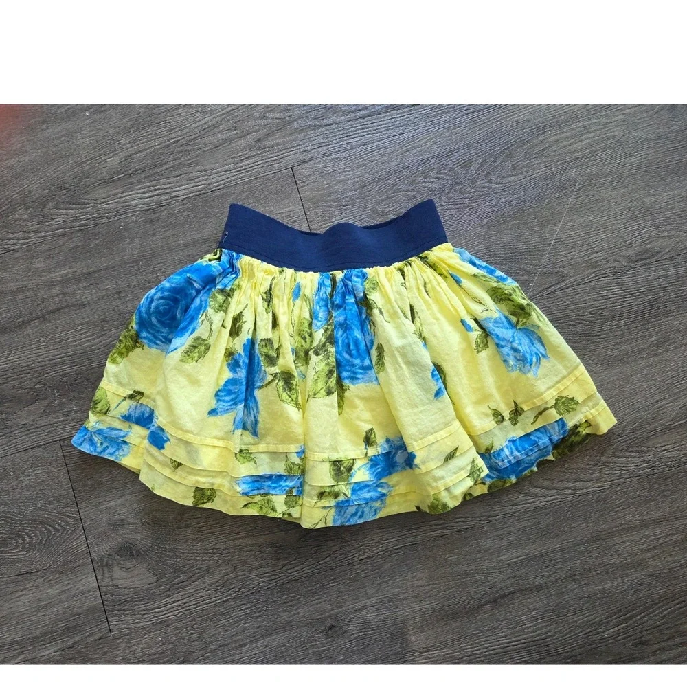 Abercrombie Kids Skirt Girls Medium Yellow Blue Floral Tiered Ruffle
