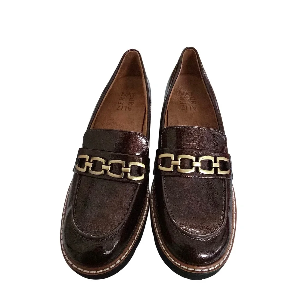 Naturalizer Brown Patent Loafers Womens 6 Gold Chain Link Slip On Flats Preppy