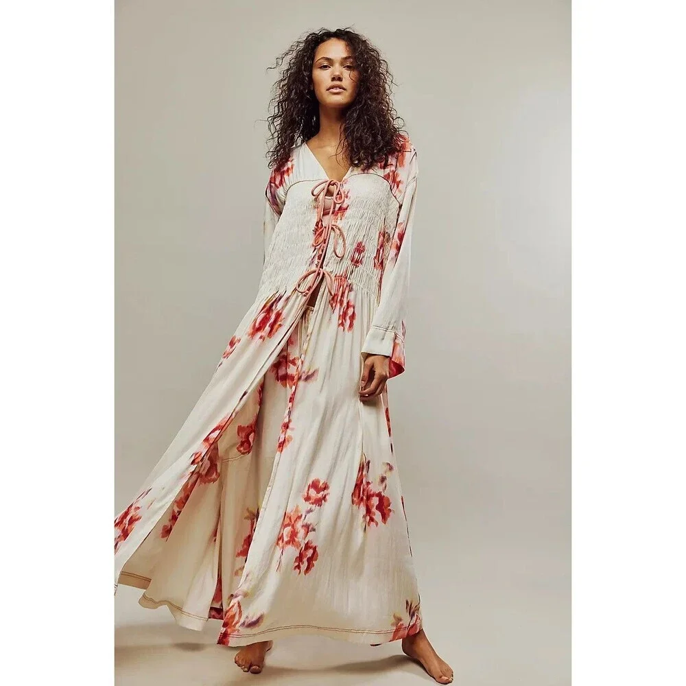 Free People Bright Blooms Maxi Robe M Boho Floral Tie Front Flowy Duster Kimono