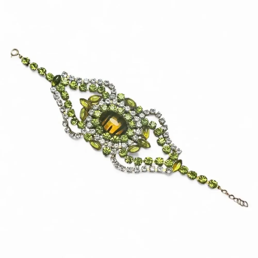 1950s Signed Bijoux M.G. Rhinestone Bracelet Peridot & Topaz Couture
