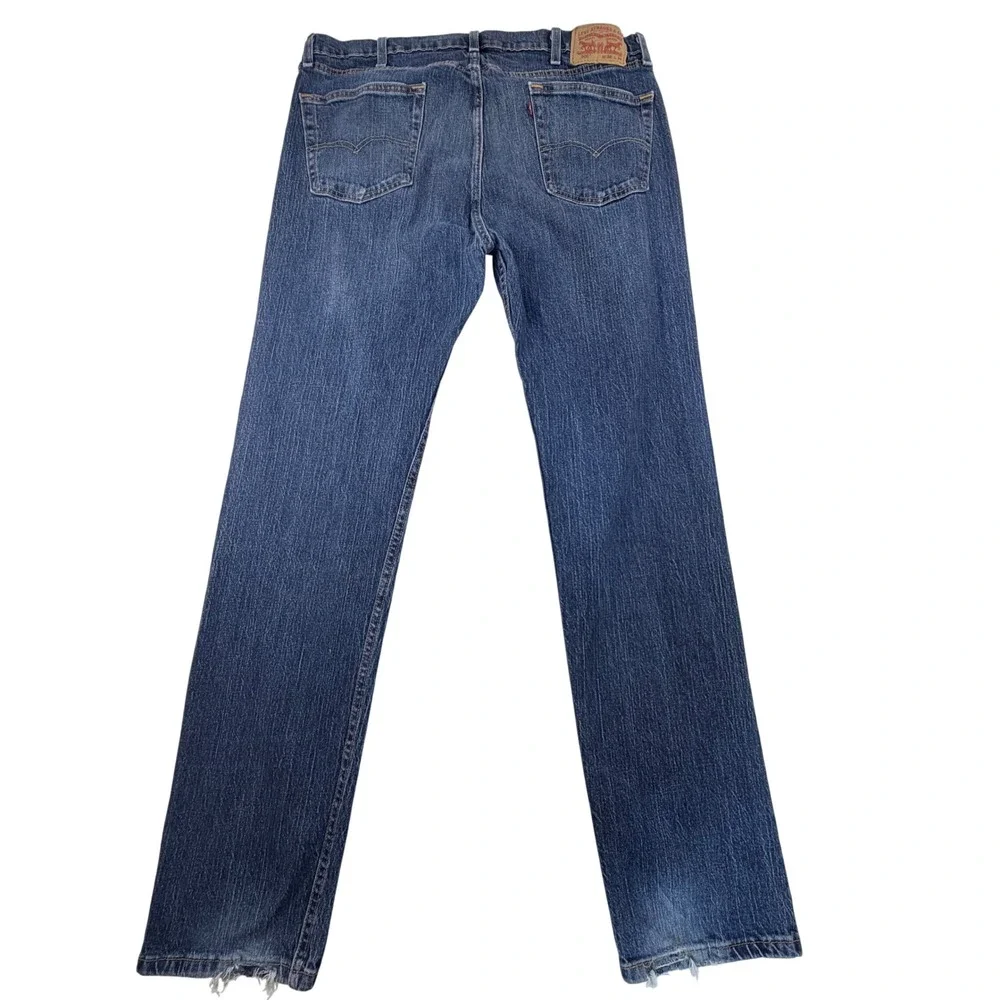 Levi's 505 Jeans Mens 38x34 Regular Fit Straight Leg Blue Denim Distressed Hem