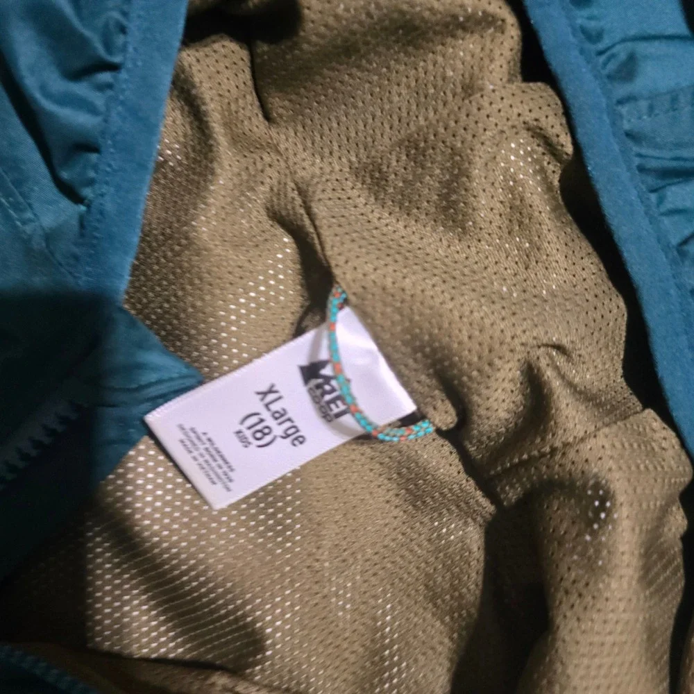 REI Co-op Windbreaker Jacket Kids XL Teal Green Mesh Lined Hooded Full Zip