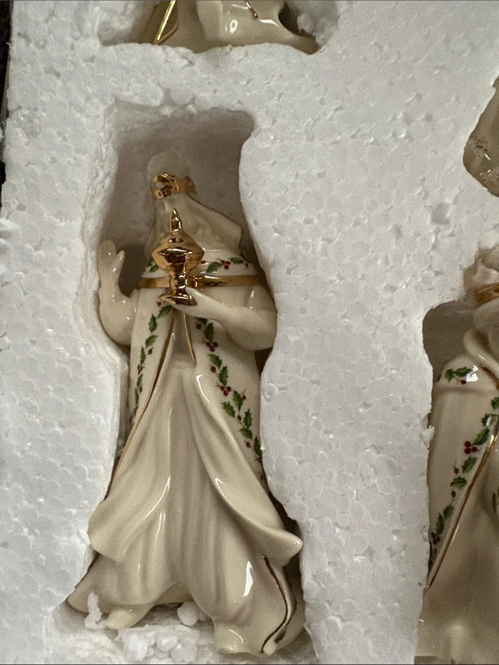 Lenox White and Gold Porcelain Nativity Set with Holly Trim