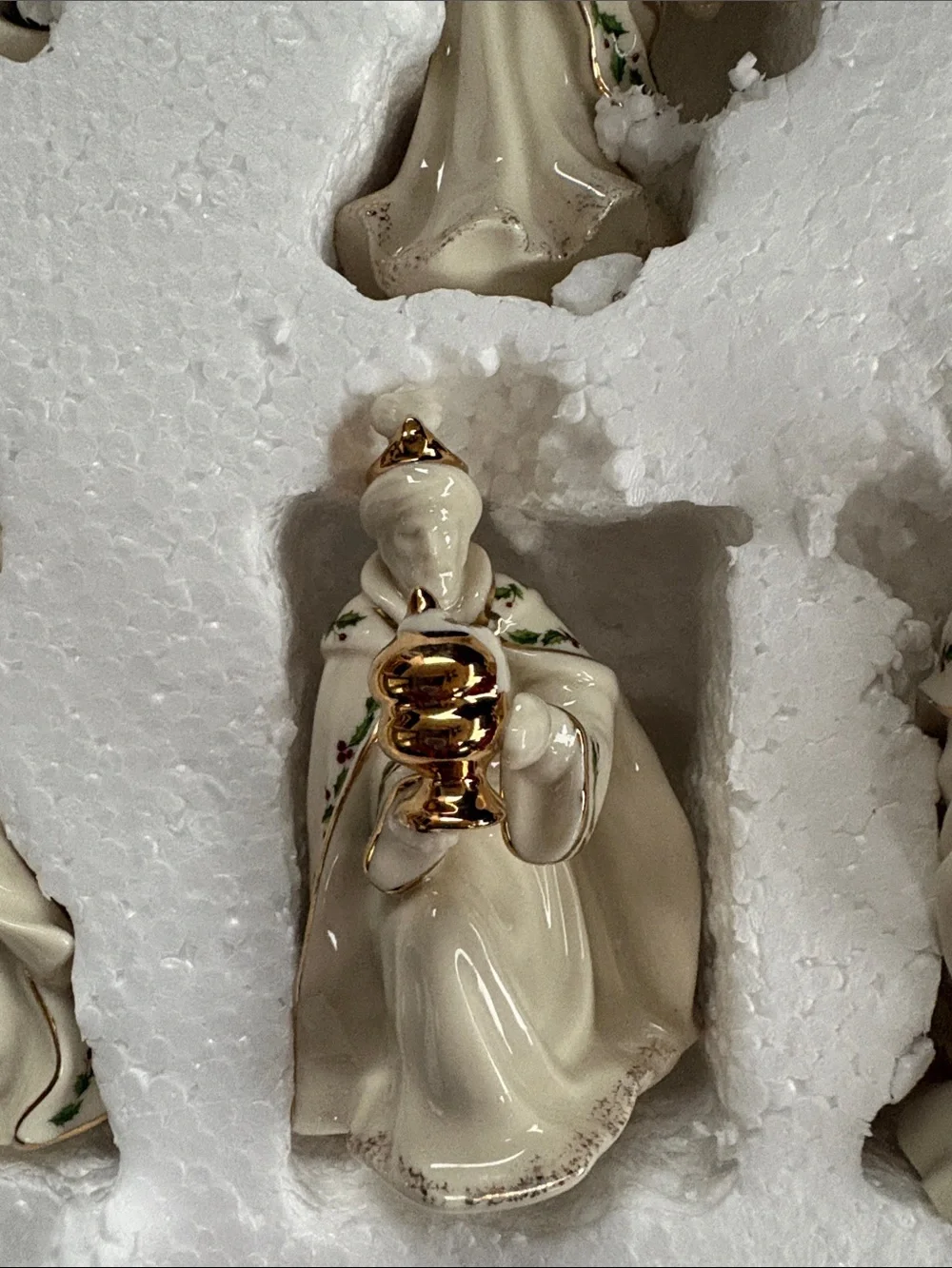 Lenox White and Gold Porcelain Nativity Set with Holly Trim