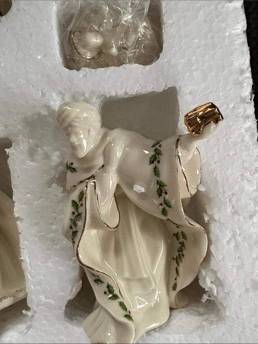 Lenox White and Gold Porcelain Nativity Set with Holly Trim