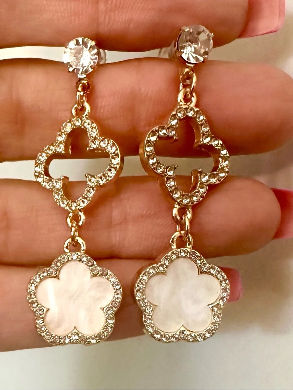 Gold-Tone Mother-of-Pearl Drop Earrings with Crystal Accents