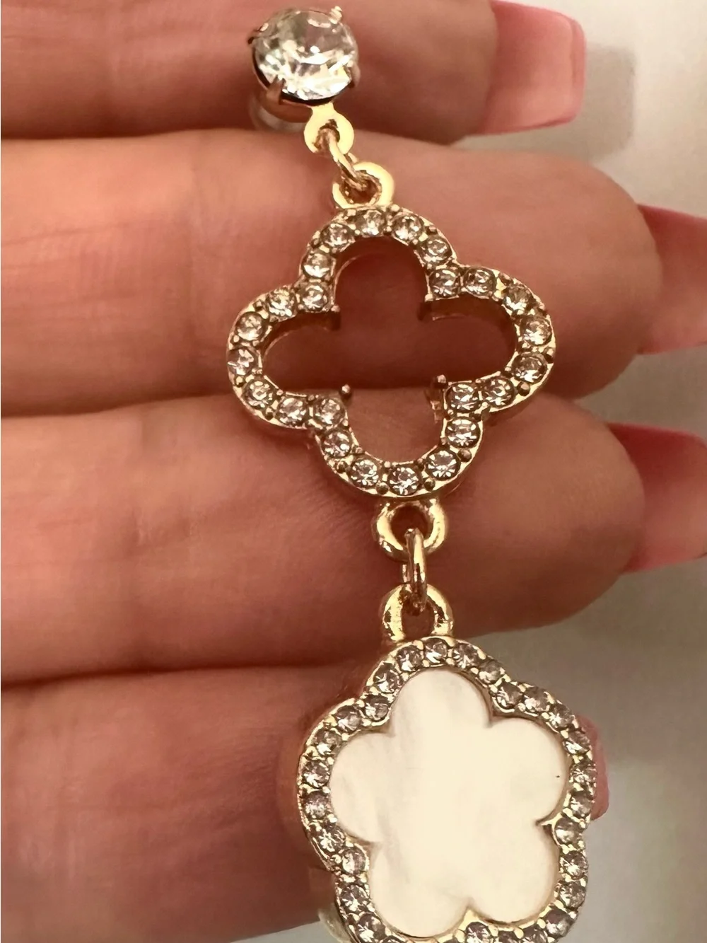 Gold-Tone Mother-of-Pearl Drop Earrings with Crystal Accents