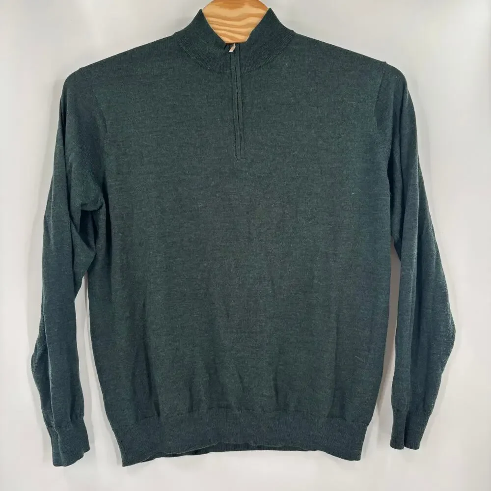 Peter Millar Mens XL 1/4 Zip Solid Green Wool Blend Pullover Sweater