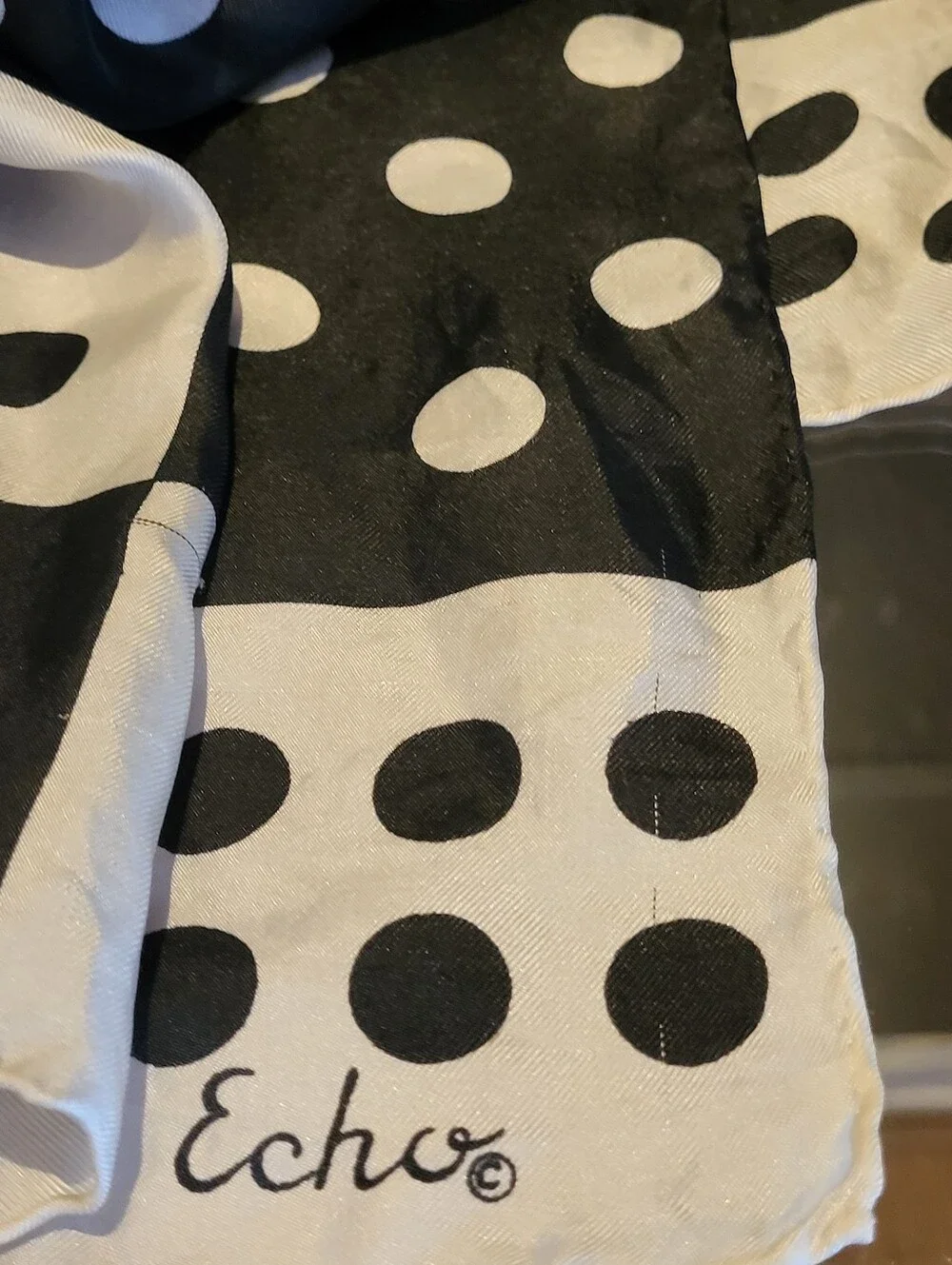 Echo 1970s Ivory/Black Colorblock Polkadot Rectangular Silk Scarf