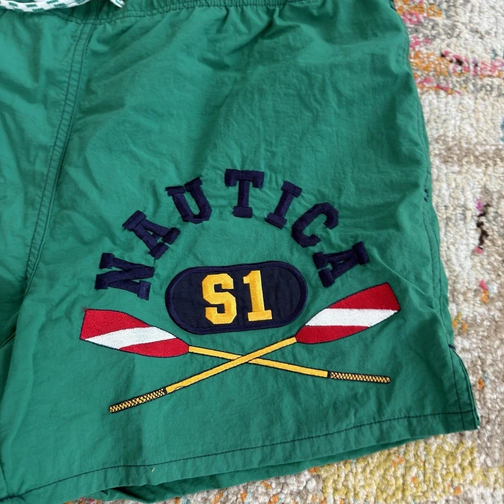 Vintage 90s Nautica S1 Oars Swim Trunks Shorts Mens Medium Green Nylon