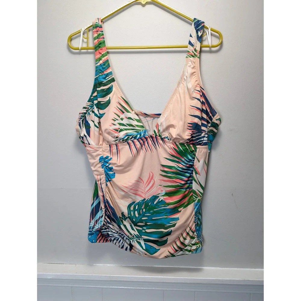 Liz Claiborne Tropical Palm Print Tankini Top Peach Pink Blue Green Size 16