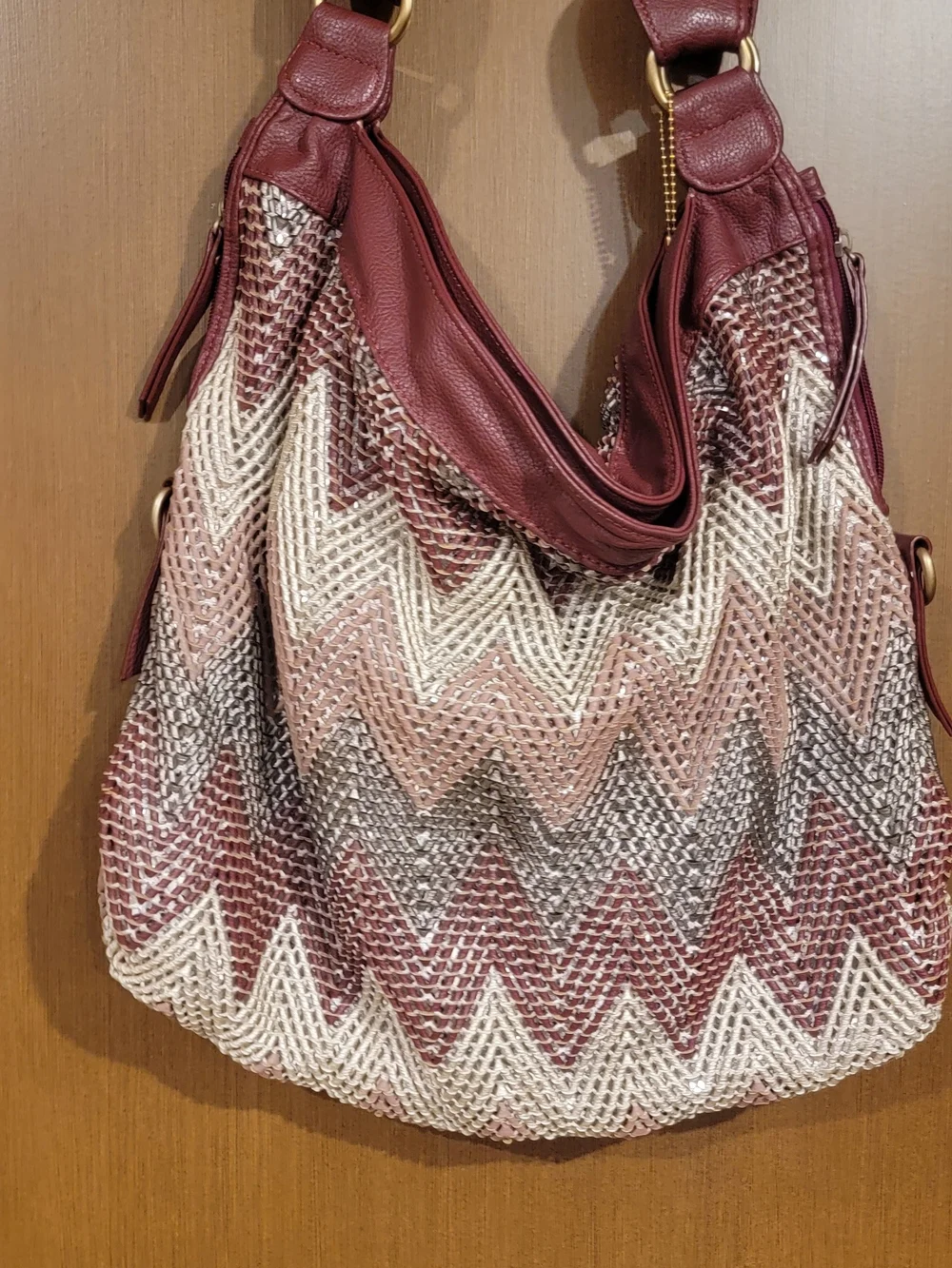 Big Buddha Burgundy, Blush and Cream Woven Chevron Hobo