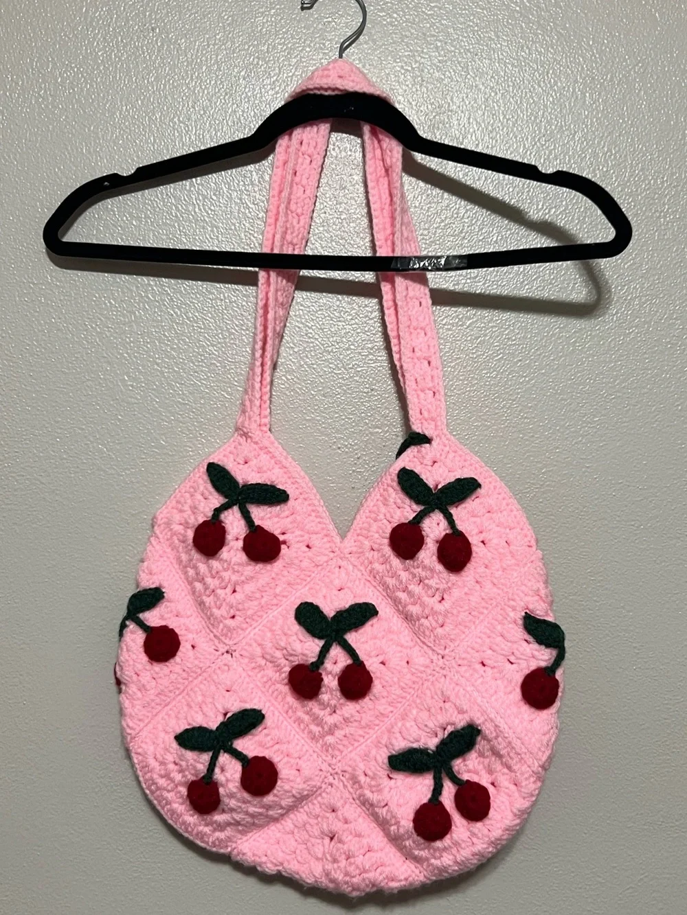 Handmade Pink Crochet Cherry Hand Bag Pom Pom’s Summer Adorable