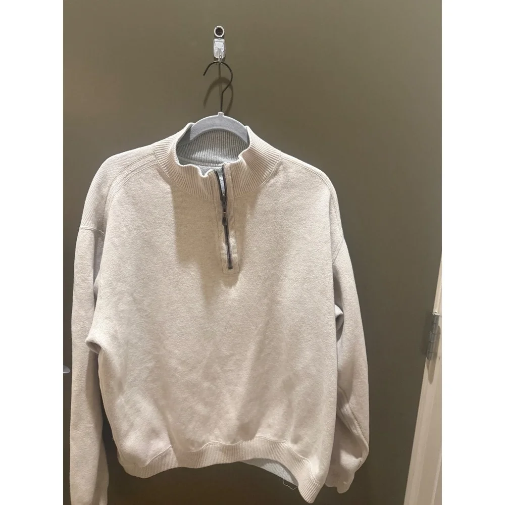 Tommy Bahama Mens XL Quarter Zip Pullover Sweater Beige Ribbed Knit Marlin Logo