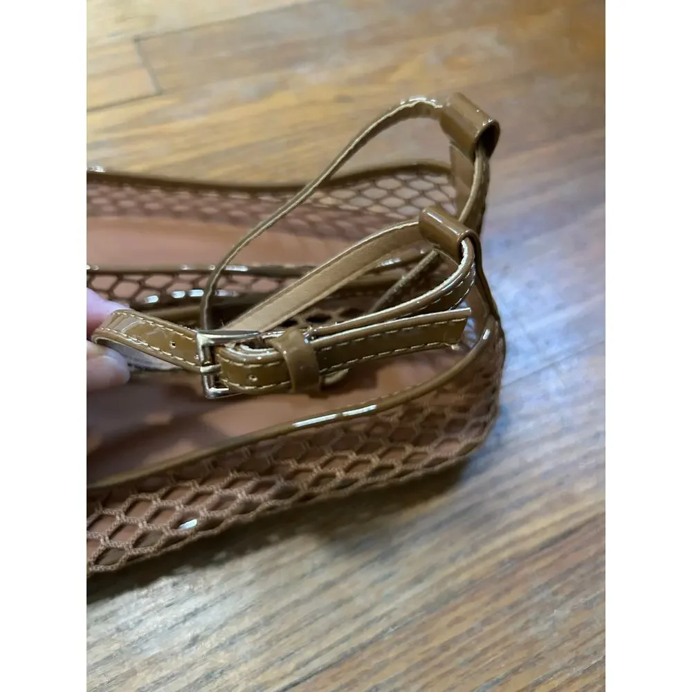 Mesh Ankle Strap Ballet Flats Mary Jane Size 7 Tan Round Toe NEW