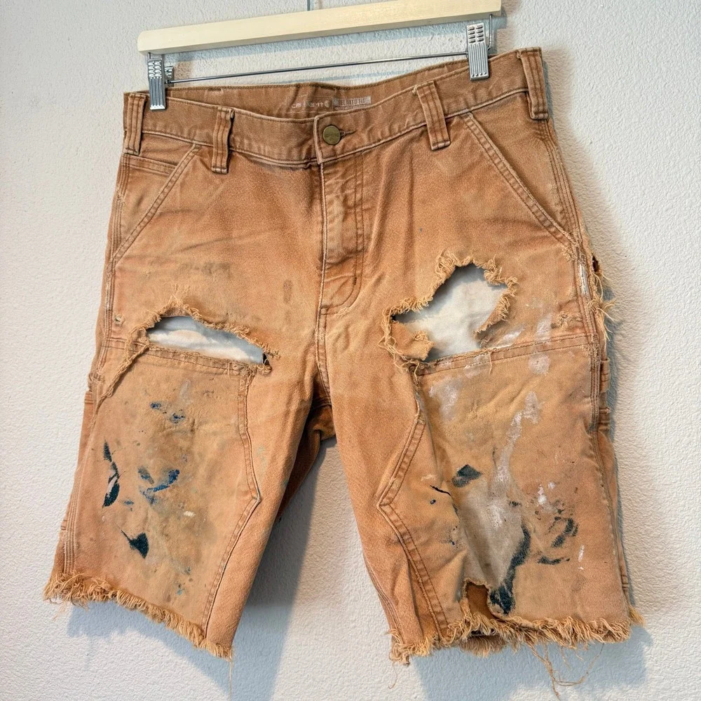 Carhartt Mens Relaxed Fit Carpenter Shorts Distressed Paint Splatter Brown 34
