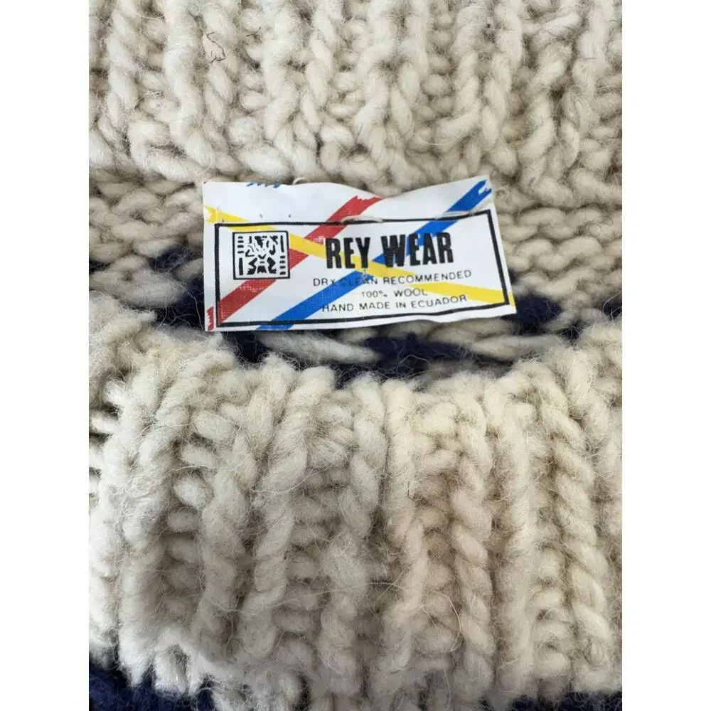 Vintage Rey Wear Chunky-Knit Sweater Adult Large Blue White Made in Ecuador