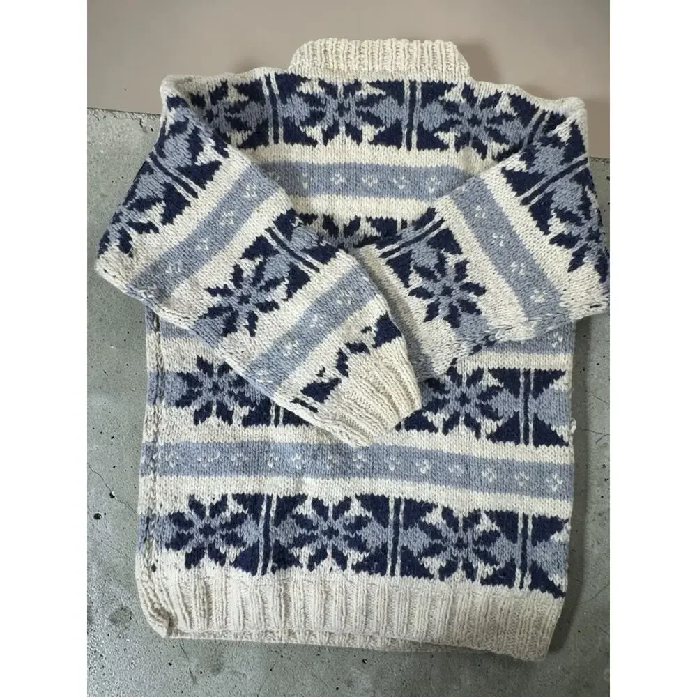 Vintage Rey Wear Chunky-Knit Sweater Adult Large Blue White Made in Ecuador