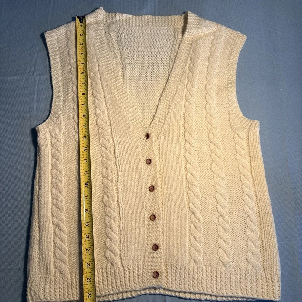 Vintage Hand Knit Cable Knit Cardigan Vest Cream V-Neck Button Front Sleeveless