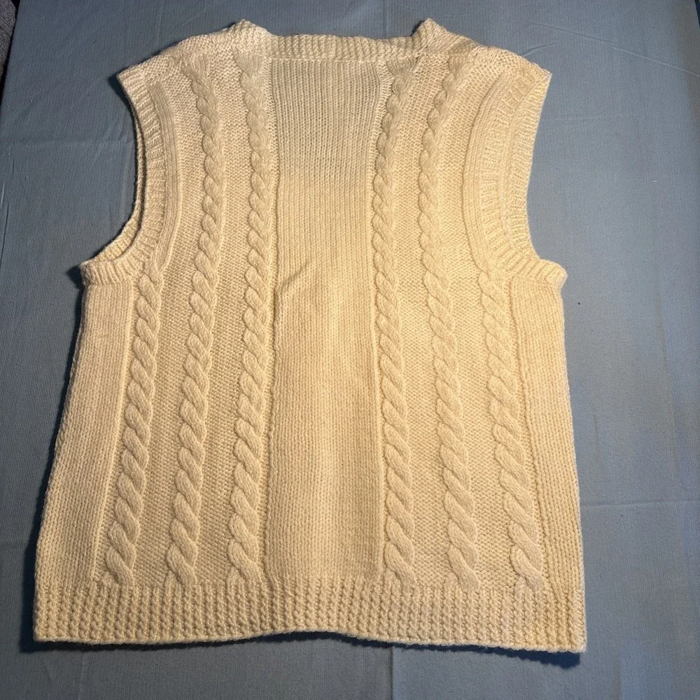 Vintage Hand Knit Cable Knit Cardigan Vest Cream V-Neck Button Front Sleeveless
