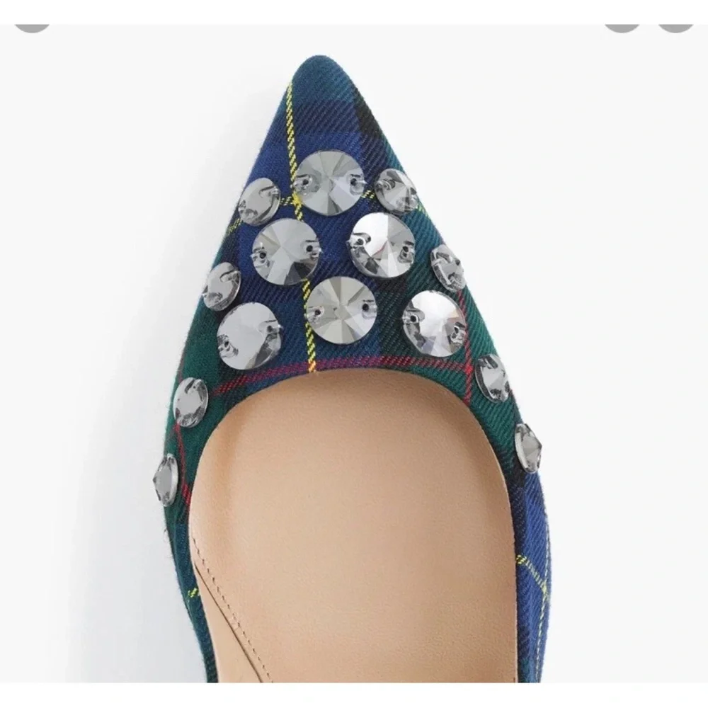 j.Crew Women's Blue Elsie Embellished Plaid Pumps sz 8 tartan Green NWOB
