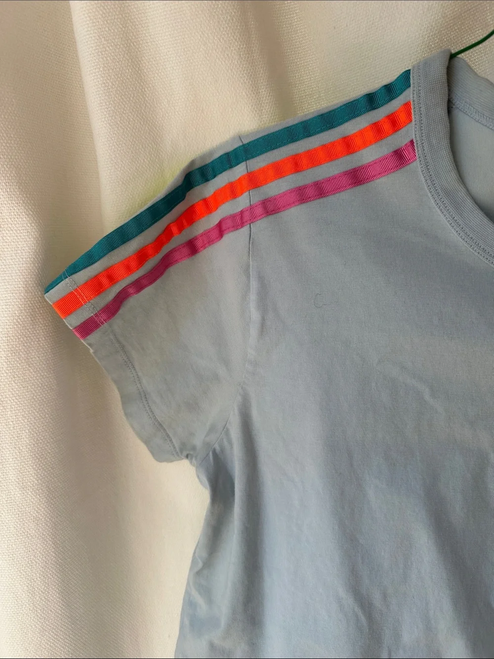 Mira Mikati Light Blue Tee with Teal, Orange & Pink Shoulder Stripes