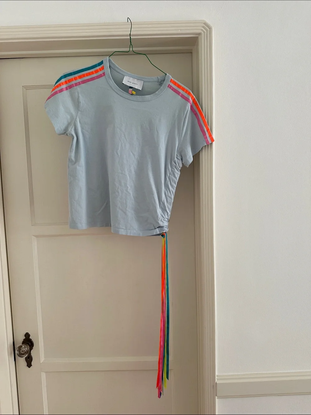 Mira Mikati Light Blue Tee with Teal, Orange & Pink Shoulder Stripes