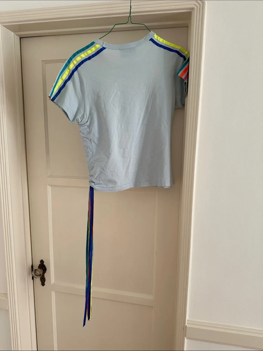 Mira Mikati Light Blue Tee with Teal, Orange & Pink Shoulder Stripes