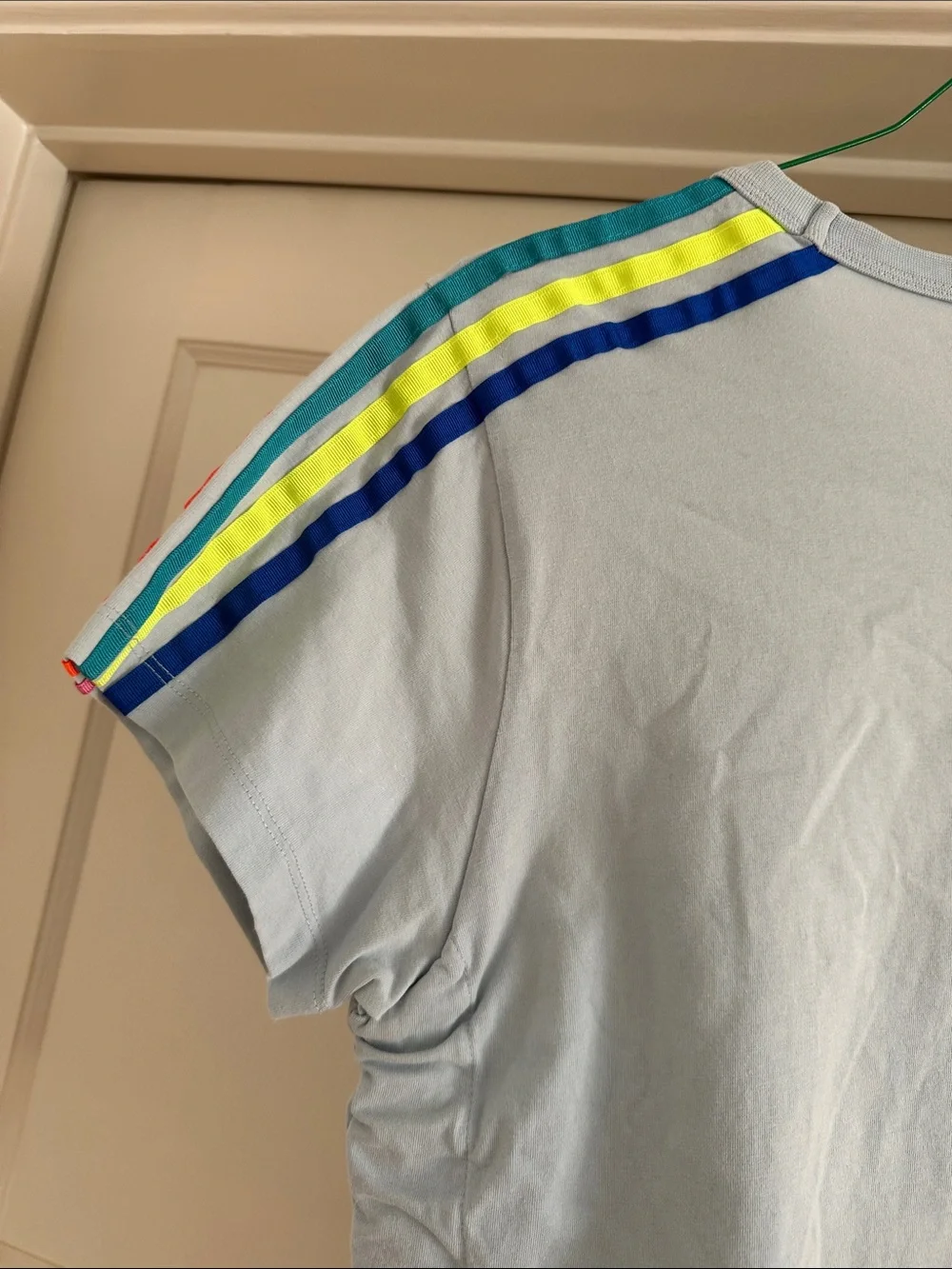 Mira Mikati Light Blue Tee with Teal, Orange & Pink Shoulder Stripes